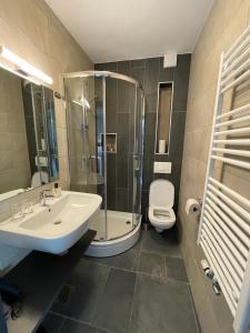 La salle de bains est pourvue d'un lavabo, d'une douche et de toilettes. dans l'établissement Sunshine Apartments Golte C1, à Mozirje