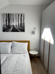 - une chambre avec un lit, une table et une photo dans l'établissement Sunshine Apartments Golte C1, à Mozirje