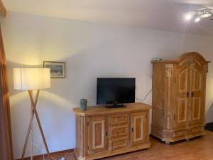 a television on a wooden cabinet next to a lamp at Almzeit in Farchant