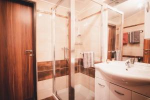 a bathroom with a shower and a sink and a sink at Haus Österreich - Familie Digruber in Lackenhof