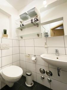 Baño blanco con aseo y lavamanos en Apartment Fulda Aue, en Fulda