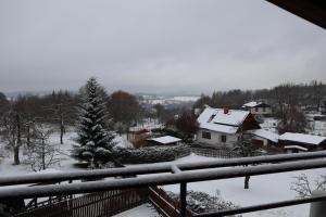 vistas a un patio cubierto de nieve con una casa en Prázdninový dům Jirkov, en Železný Brod