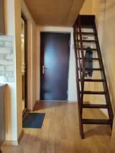 Una escalera que conduce a una puerta en una habitación en Mary Apartment Gudauri Residence en Gudauri