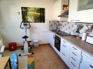 una cocina con armarios blancos y una cámara en un trípode en Apartma Velesa, en Rače