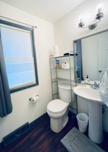 a bathroom with a toilet and a sink and a window at 5 Bedroom Lakeside Home Sleeps 12 - Shared Lake Access, Large Yard, Central Air, Fire Pit, Horseshoes & More! in Geneva