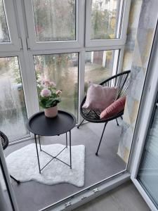 een patio met een tafel, een stoel en een plant bij Studio Lea 7 dzielnica Krowodrza. Bliskim sąsiedztwo Parku Krakowskiego. in Krakau