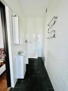 a white bathroom with a sink and a shower at Lemberg Relax House in Lviv +88 photos