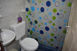 a bathroom with a toilet and a shower curtain at La Enramada in Amaichá del Valle