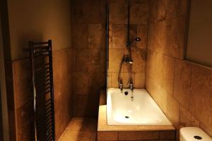 a bathroom with a bath tub and a toilet at BOHOME moody 2 bed garden cottage Macclesfield centre in Macclesfield