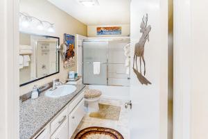 a bathroom with a sink and a toilet and a mirror at Sun Valley Hideaway in Ketchum