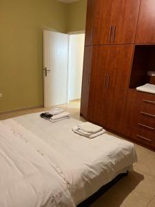 1 dormitorio con 1 cama grande y armario de madera en Apartment Mitrou en Loutra Oraias Elenis 