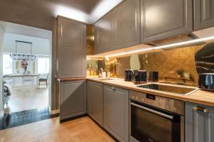 a kitchen with gray cabinets and a stove top oven at Papageno's Luxury Hideout in Vienna