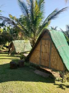 una pequeña cabaña con un techo verde en la hierba en Camp Mayagay Tanay Rizal, en Sampalok