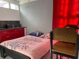 a bedroom with a bed with a pink blanket and a chair at Joli studio proche de toutes commodités in Les Trois-Îlets +6 photos