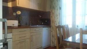 a kitchen with a sink and a table with a window at Appartement FARIO in Ax-les-Thermes