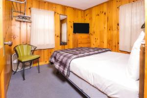 a bedroom with a bed and a chair and a television at Fishing Paradise in Phelps