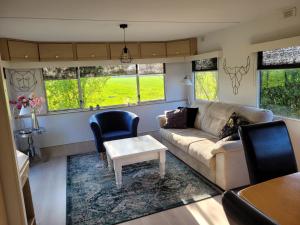 uma sala de estar com um sofá, uma mesa e cadeiras em Camping De Blauwe Reiger em Pieterzijl