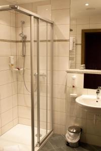 W łazience znajduje się prysznic i umywalka. w obiekcie Gesundheits- & Wellness Resort Oberzeiring w mieście Oberzeiring