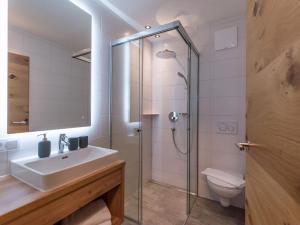 a bathroom with a shower and a sink and a toilet at Alps Holaus in Aschau