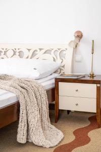 ザコパネにあるウィラ　ボルのベッドルーム1室(ベッド1台、ナイトスタンド、毛布付)