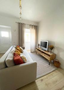 uma sala de estar com um sofá e uma televisão em Casa Sagres T2 - 3 minutos a pé Praia da Mareta em Sagres