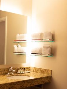 a bathroom with a sink and a mirror and towels at Hawthorn Suites by Wyndham Erie in Erie