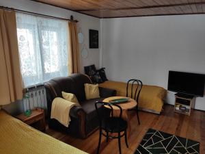 uma sala de estar com um sofá e uma mesa em Home Stay Słotwińska em Krynica Zdrój