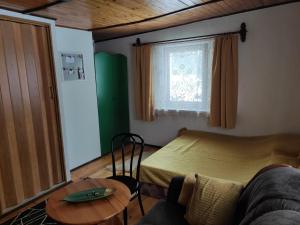 クリニツァ・ズドルイにあるHome Stay Słotwińskaのベッドルーム1室(ベッド1台、テーブル、窓付)