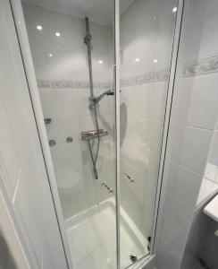 La salle de bains est pourvue d'une douche avec une porte en verre. dans l'établissement Ferienwohnung Meeresblick Cordy, à Sankt Peter-Ording