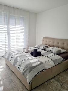 ein großes Bett in einem Schlafzimmer mit einem großen Fenster in der Unterkunft GaLa Appartamento in Bellinzona