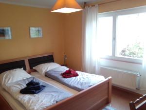 two beds in a room with a window at Haus Vogelparadies in Hemhofen