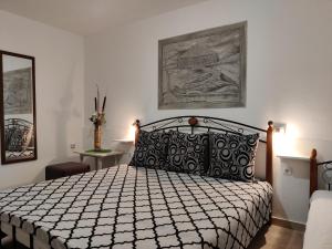 a bedroom with a bed with a black and white comforter at Apartments Helena Pomer in Pomer