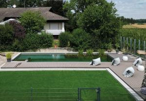 a backyard with a swimming pool and green lawn at vista-apartments in Ebersbach
