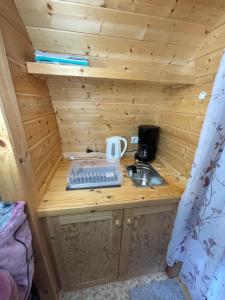 una cocina con fregadero en una cabaña de madera en Haus Geyken / Finnen Fass en Südbrookmerland