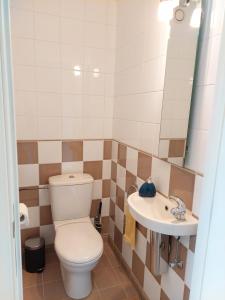 La salle de bains est pourvue de toilettes et d'un lavabo. dans l'établissement Studio 3 Bredene met strandcabine, à Bredene