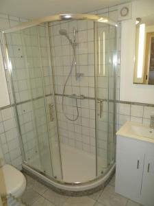 un bagno con doccia, WC e lavandino di Lou Marcelou - Apartment Two a Sainte-Croix-de-Verdon