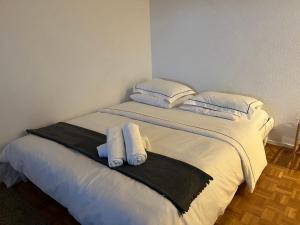 - un lit blanc avec 2 oreillers et des serviettes dans l'établissement Beautiful studio 2 minutes from the train station, à Lausanne