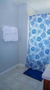 een badkamer met een blauw douchegordijn en handdoeken bij Relaxing 4BR Holiday Retreat Large, Cozy & Close to Airport in Columbus
