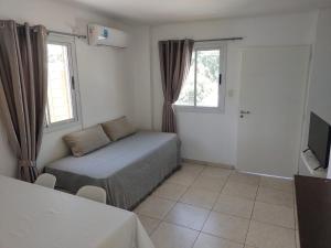 1 dormitorio con 1 cama, 2 ventanas y TV en Mali Departamento en Mendoza