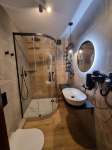 a bathroom with a glass shower and a sink at Willa Silene - góralska muzyka na żywo i bezpłatne rowery do wypożyczenia in Bukowina Tatrzańska