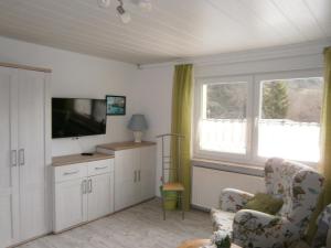 ein Wohnzimmer mit einem Flachbild-TV und einem Stuhl in der Unterkunft Der Frühe Vogel in Plaue