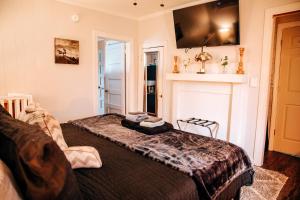 a bedroom with a bed and a tv on the wall at Giggling Creek Cottage - BedJet! King Sized! Gazebo, 45 Acres, Arcades, Nintendo, more in Henry