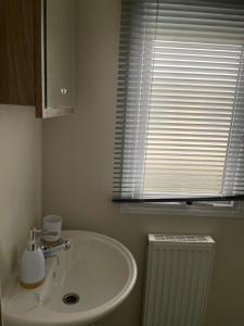 a bathroom with a white sink and a window at ParkDean Cherry tree holiday park Burgh castle in Belton +1 photo