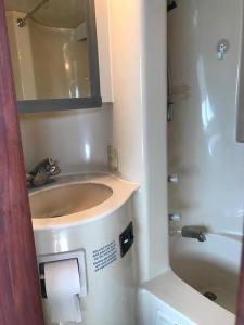 a bathroom with a sink and a mirror and a tub at 50ft Stationary House Boat 