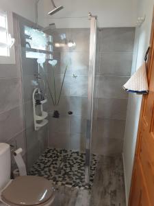 La salle de bains est pourvue d'une douche et de toilettes. dans l'établissement Bienvenue chez Angie, à Les Abymes