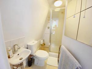 a white bathroom with a toilet and a sink at Unique, exciting and yours 2rooms Trafalgar Square in London