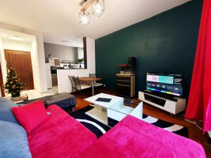 ein Wohnzimmer mit einem Sofa und einem TV in der Unterkunft La ruelle des 2 vallées in Arreau