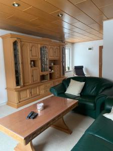 - un salon avec un canapé vert et une table basse dans l'établissement Ferienhaus Andrea am Bodetal, à Treseburg