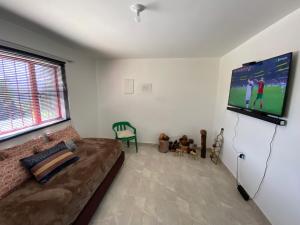 ein Wohnzimmer mit einem Sofa und einem Flachbild-TV in der Unterkunft Casa Finca Villa Rosa - Togui in Funcional