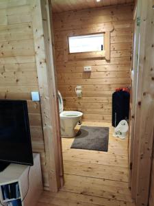 uma casa de banho em madeira com um WC e uma janela em Viherpeukalo lomamökki em Parkano